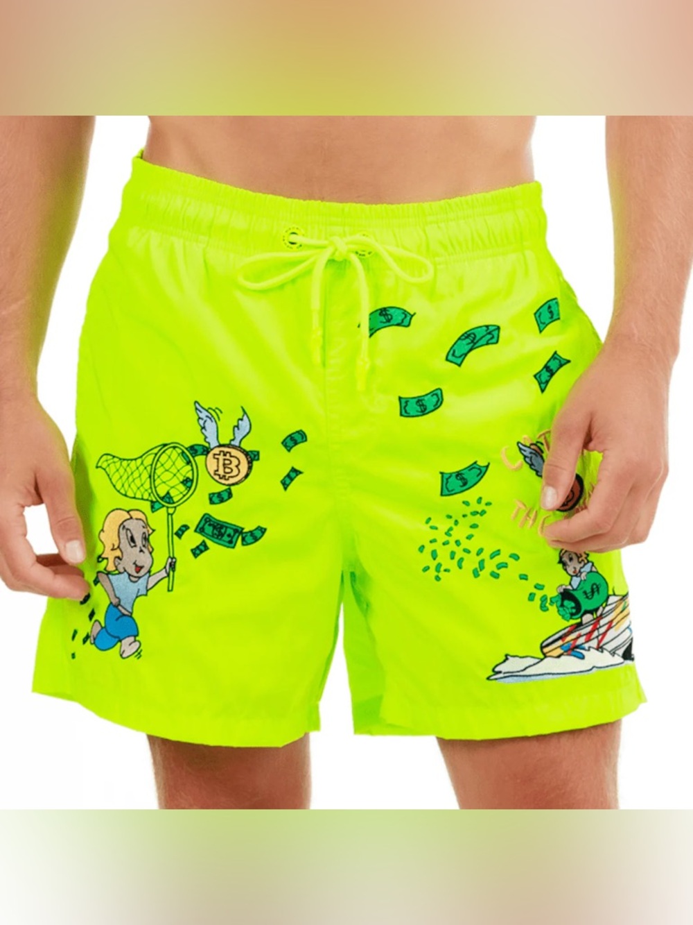 Bain De Mer Mens Catch The Dollar Neon Yellow Swim Trunks Bitcoin XXL New